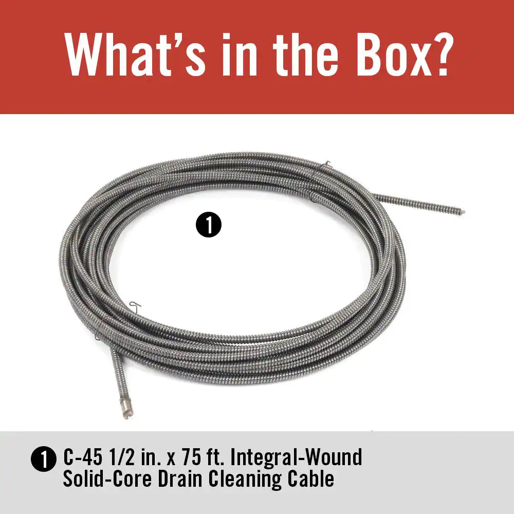 RIDGID 1/2 in. x 75 ft. C-45 IW Integral Wound Drain Cleaning Snake Auger Machine Replacement for K-400, K-3800 Models