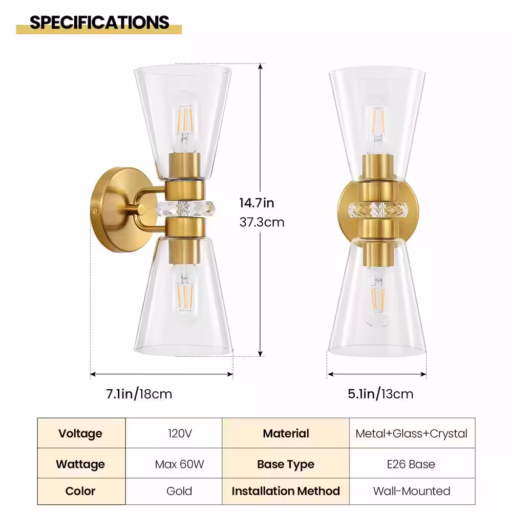 None 5 in. 2-Light Gold Modern Wall Sconce with Clear Glass Up Down Bathroom Sconces Wall Lighting
