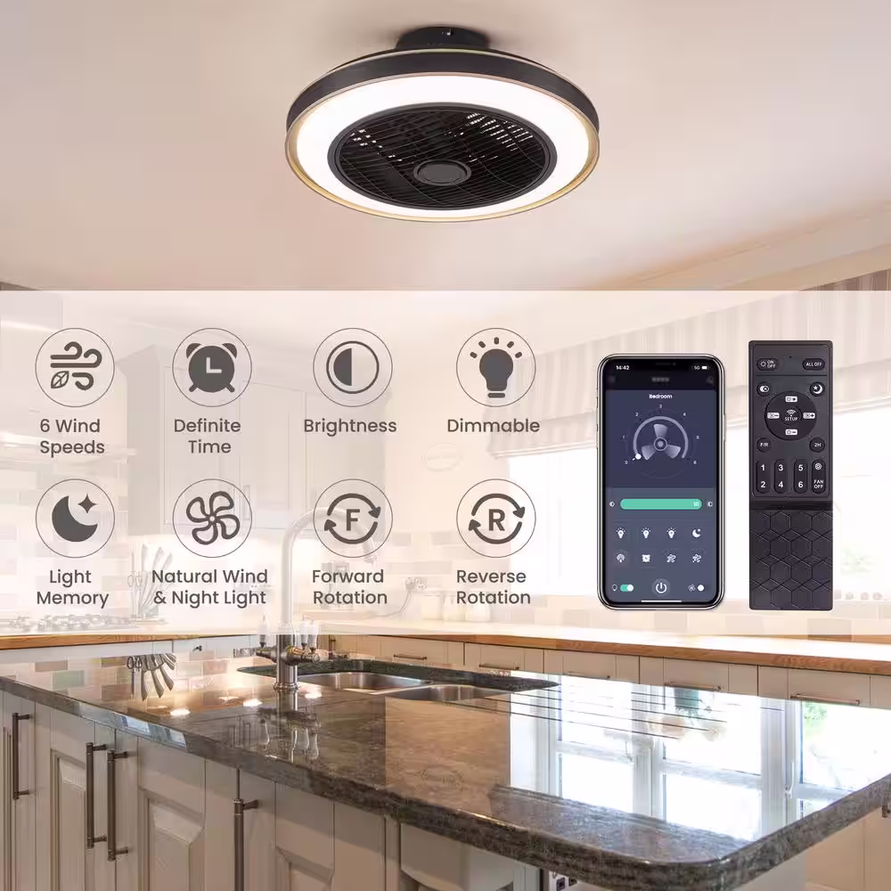 None 20 in. Indoor Black Caged Enclosed Ceiling Fan with LED Light Modern Low Profile Ceiling Fan with Remote and APP Control