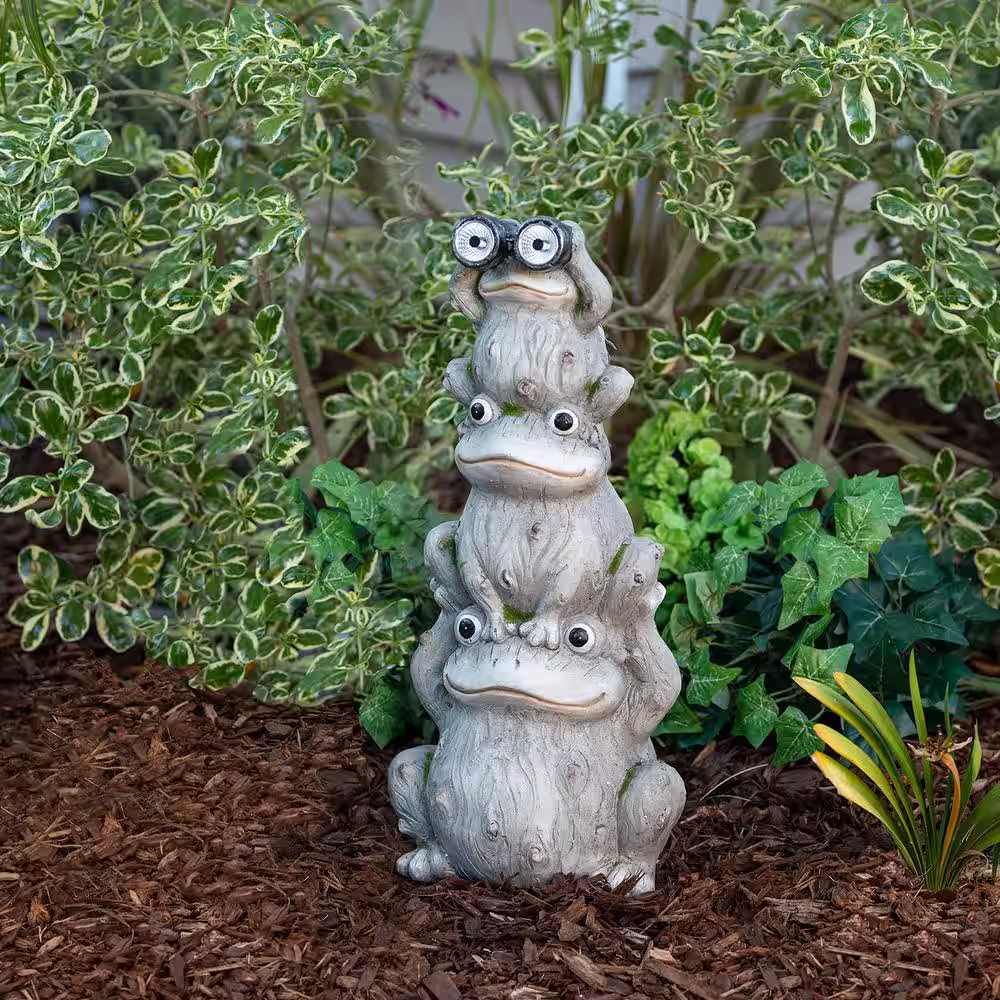 Alpine Corporation 23 in. Tall Outdoor Solar Powered Stacked Frog Family Statue with LED Lights