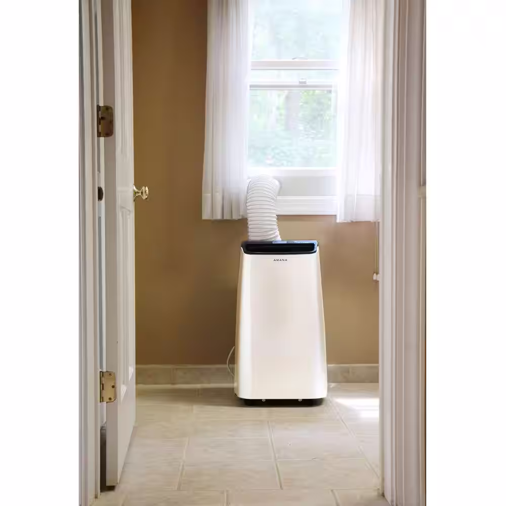 Amana 12000 BTU (7,500 BTU DOE) Portable AC with Remote 450 sq. ft. Timer 3-Speed LCD Display Auto-Restart Wheels White, Black