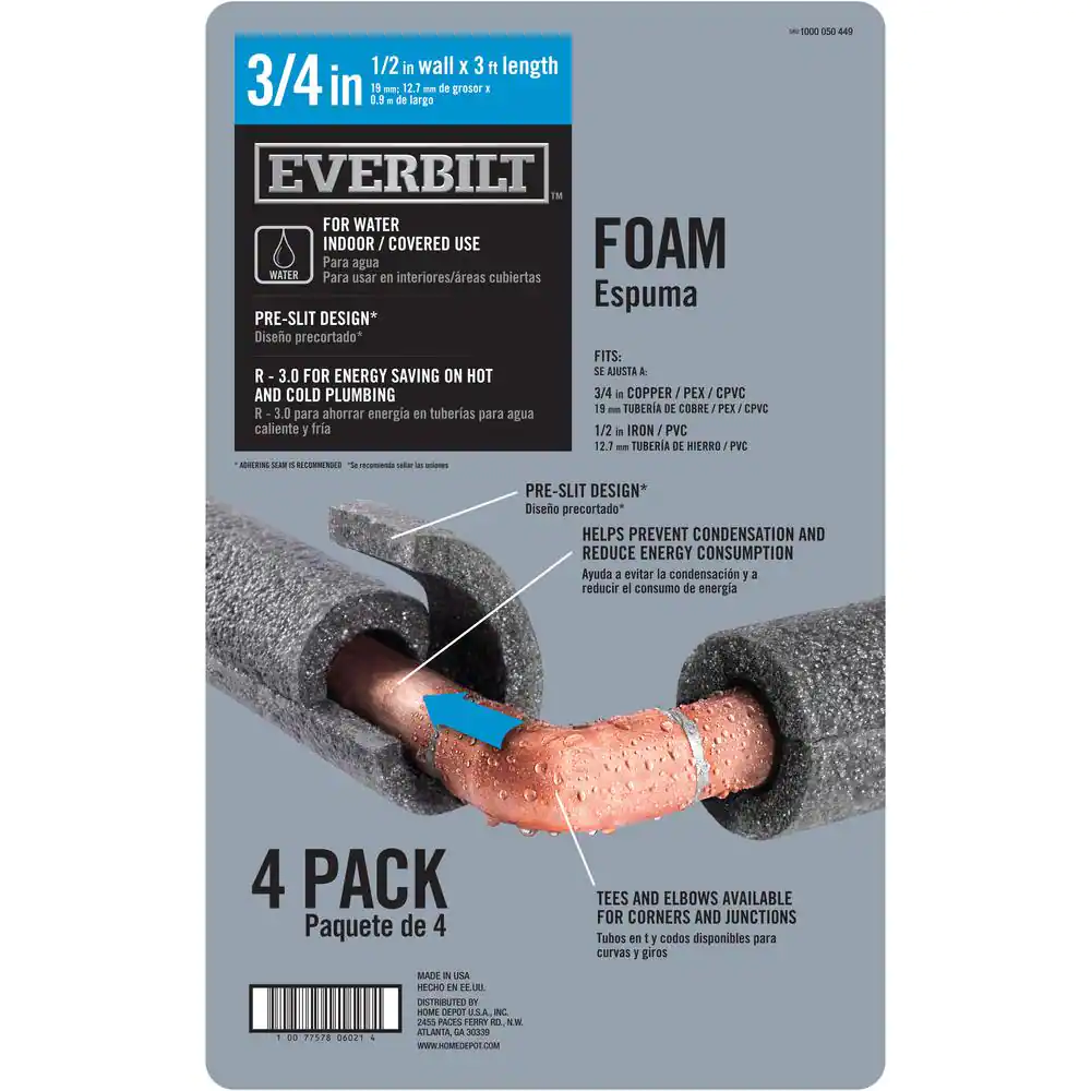 Everbilt 3/4 in. x 3 ft. Foam Pre-Slit Pipe Insulation (4-Pack)