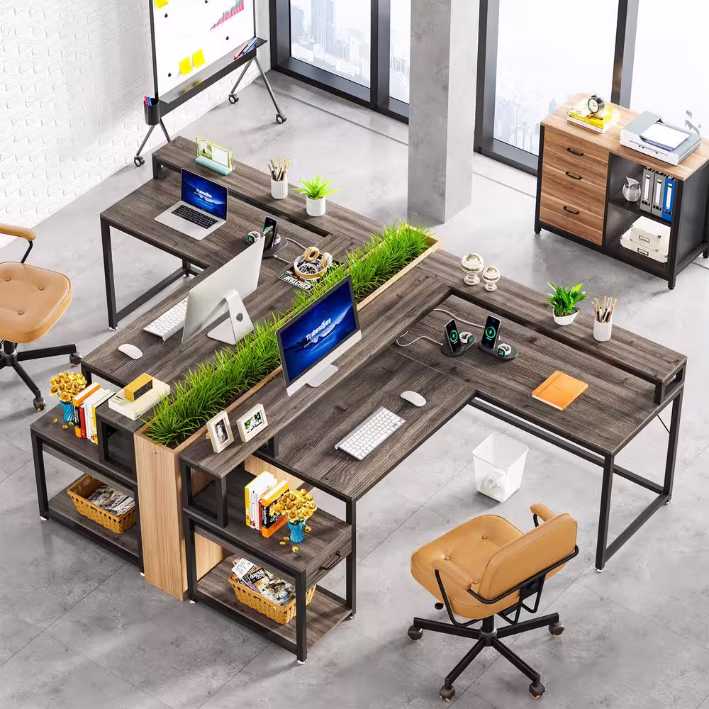 None Perry 68 in. L Shaped Gray Wood 1-Drawer Computer Desk with Power Outlets and Monitor Stand
