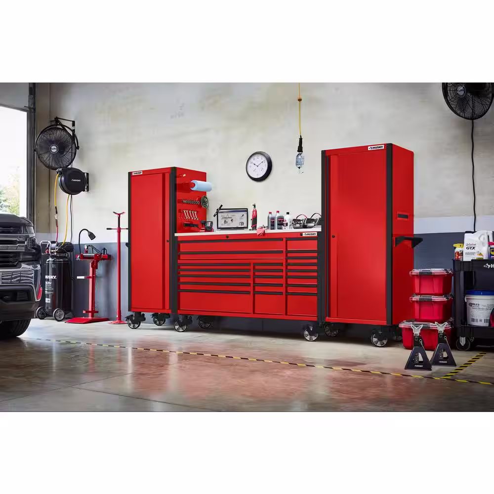 Husky 72 in. W x 24.5 in. D Professional Duty 20-Drawer Mobile Workbench Tool Storage Combo with 2 End Lockers in Red