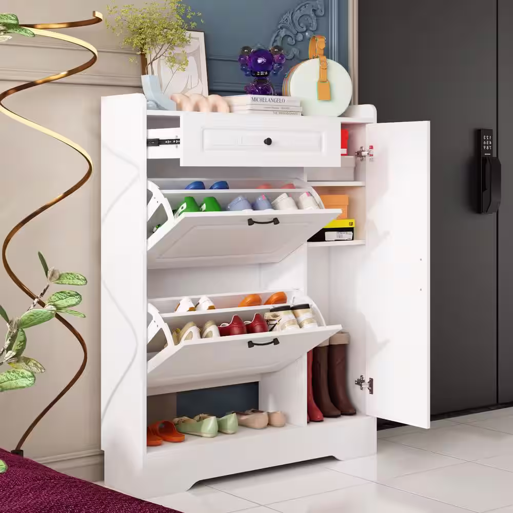 None 47.2 in. H x 35.4 in. W White Wood 15 Pairs Shoe Storage Cabinet with Foldable Compartments, Drawer and Cabinets