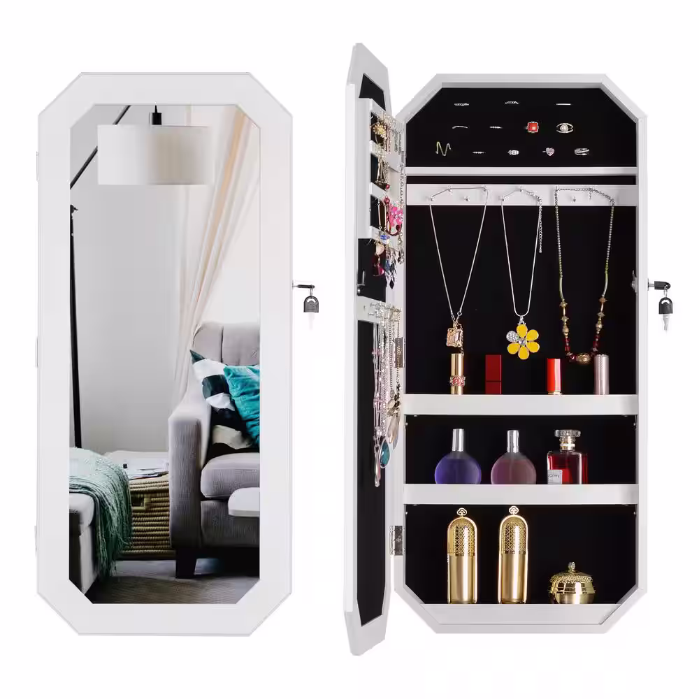 None Octagon Rimmed Natural MDF Full Mirror Jewelry Storage Cabinet With with Slide Rail Can Be Hung on the Door or Wall