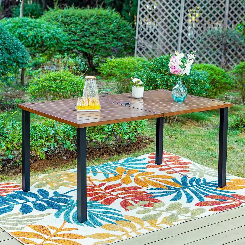 None Black 7-Piece Metal Outdoor Patio Dining Set with Wood-Look Rectangle Table and Brown Textilene Chairs