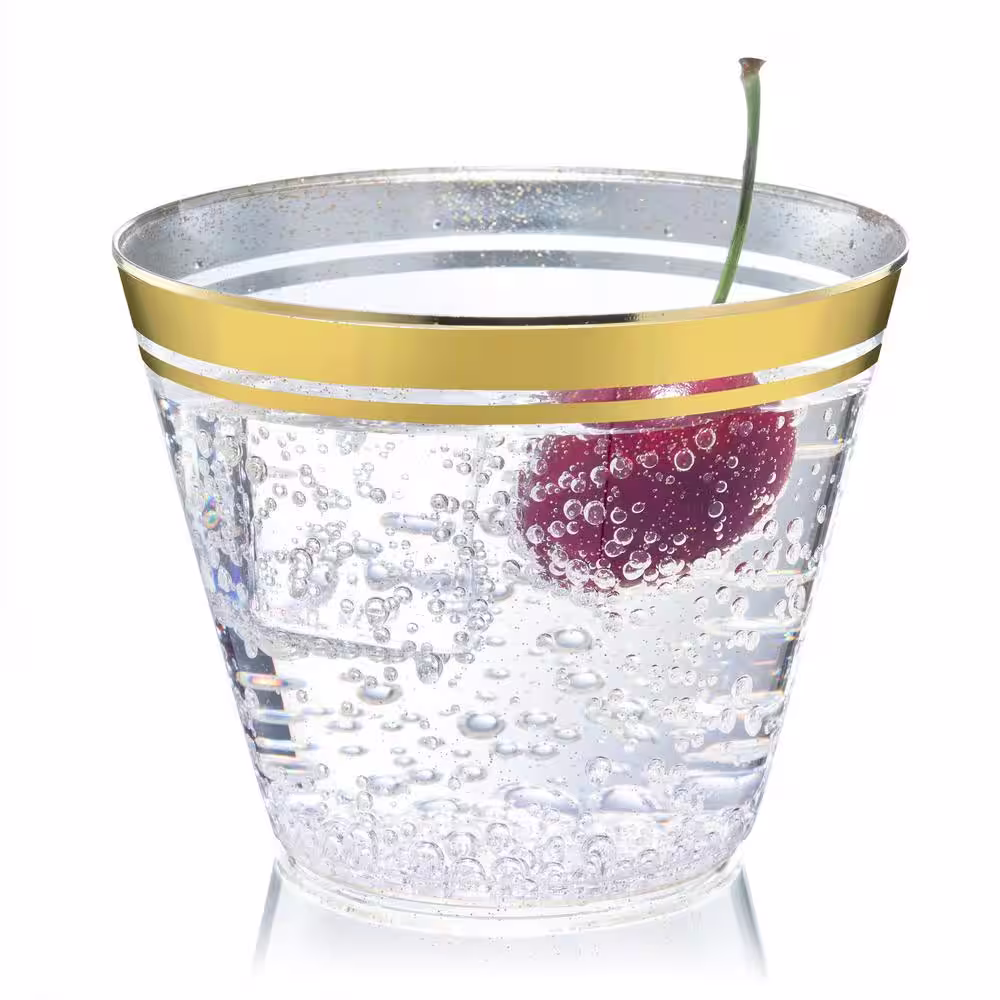 None 9 oz. 2-Line Gold Rim Gold Glitter Disposable Plastic Cups, Party, Cold Drinks [110 Pack, 15-Packs/Carton]