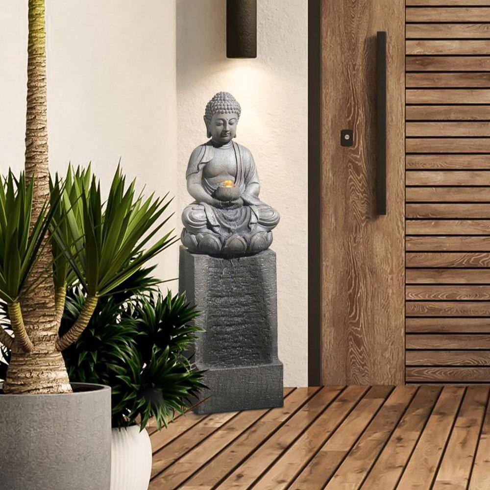 LuxenHome Polyresin Meditating Buddha on Column Patio Cascade Fountain with LED Lights