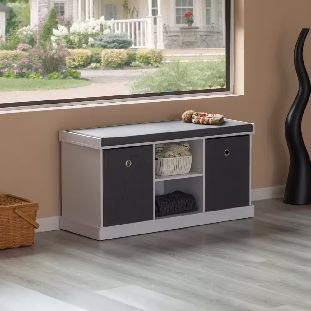 Basicwise Holds 30-Pairs White Of Shoes MDF Shoe Storage Bench with 2 Drawers, Foldable Baskets, and a Gray Cushion