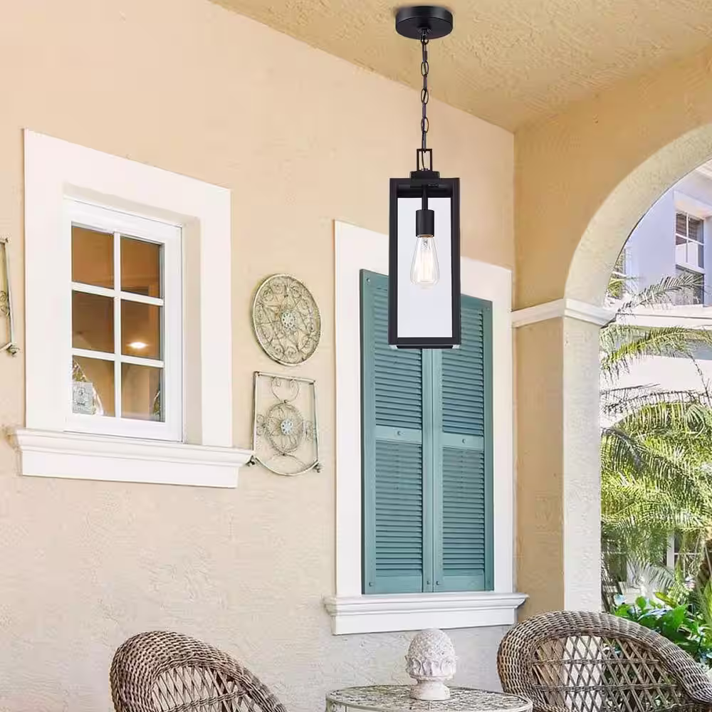 Hukoro 1-Light Matte Black Outdoor Hanging Lantern Pendant Light with Clear Glass (2-Pack)