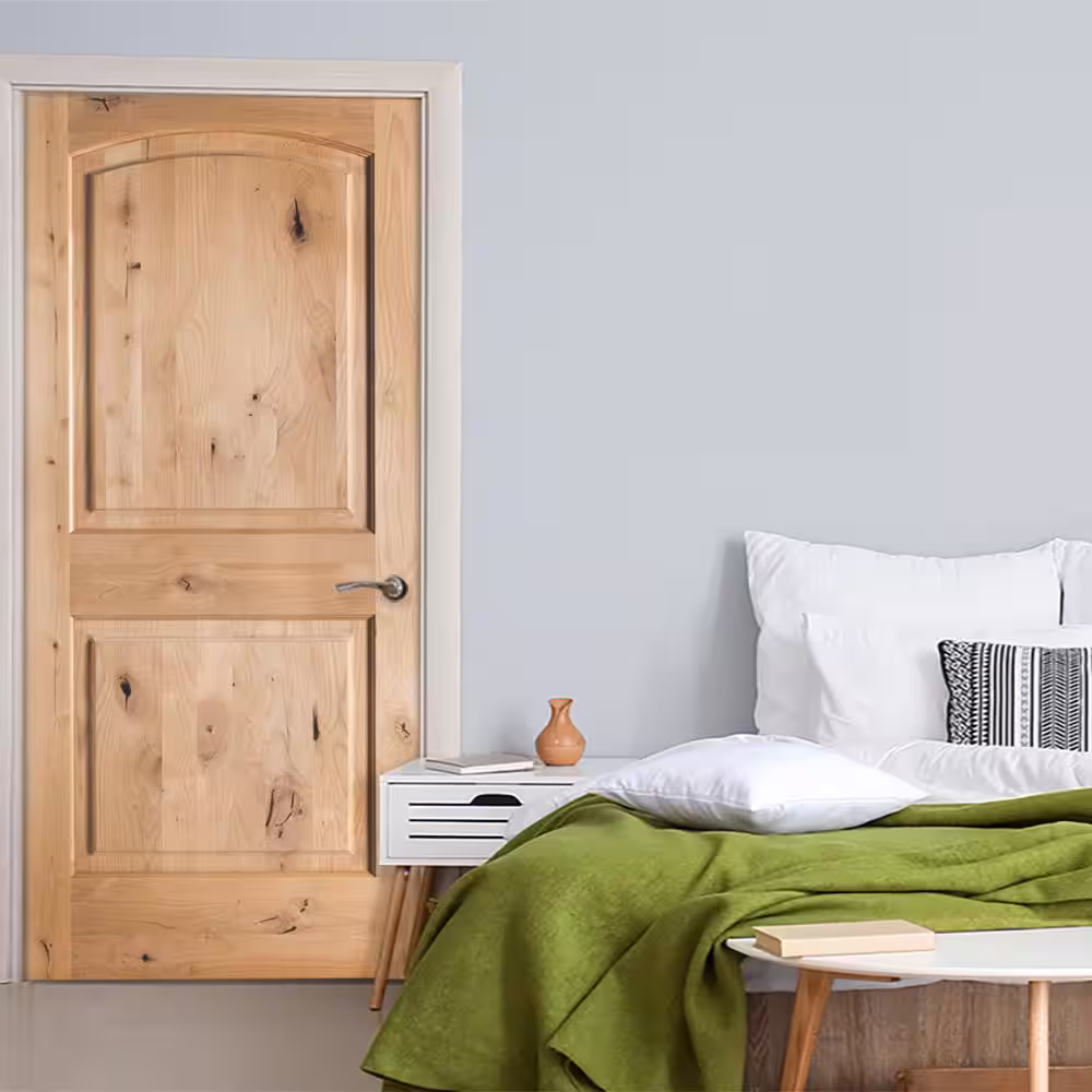 Krosswood Doors 32 in. x 80 in. Rustic Knotty Alder 2-Panel Top Rail Arch Solid Left-Hand Wood Single Prehung Interior Door