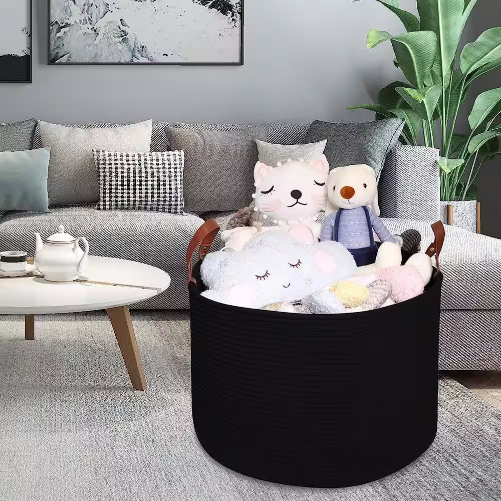 None Large Basket Bins for Blanket Storage, Black Cotton Rope Woven