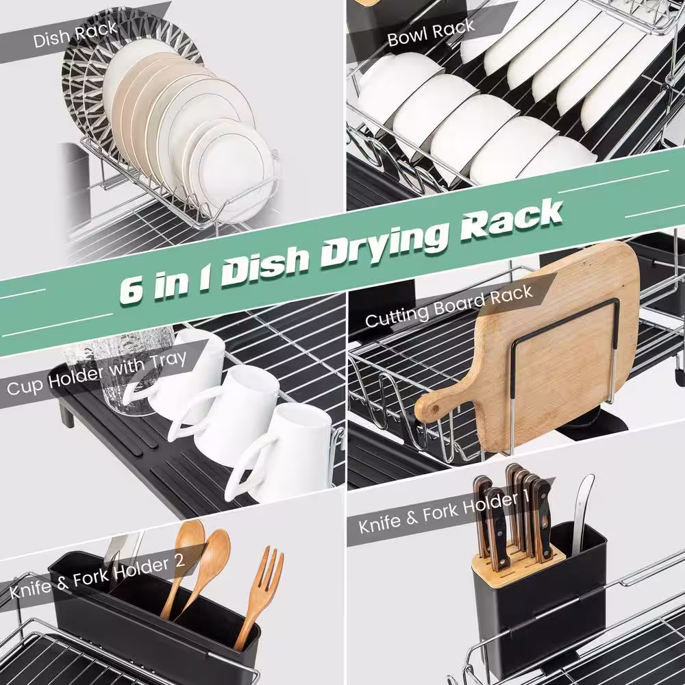 ANGELES HOME Silver 2-Tier Detachable Dish Rack with Drainboard and 360Â° Swivel Spout