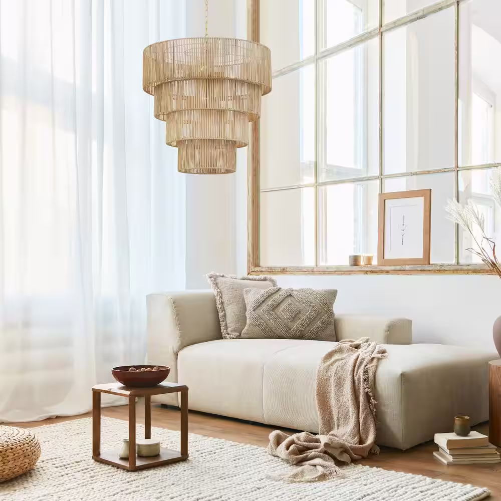 KAWOTI 5-Light Distressed Gold Oversize Pendant Light with Rattan Shade (4-Tiered)