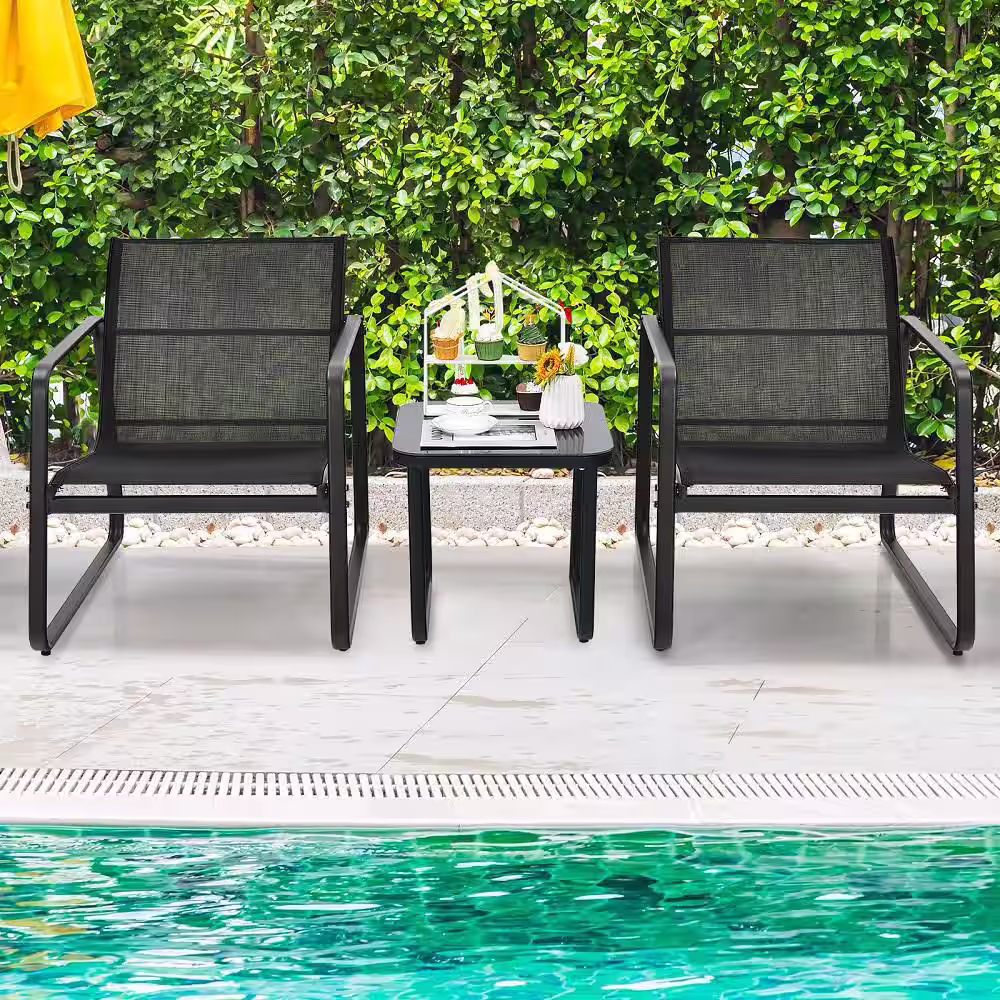 HONEY JOY 3PCS Metal Outdoor Bistro Set Patio Table & Chairs Set for Backyard Poolside Lawn Black