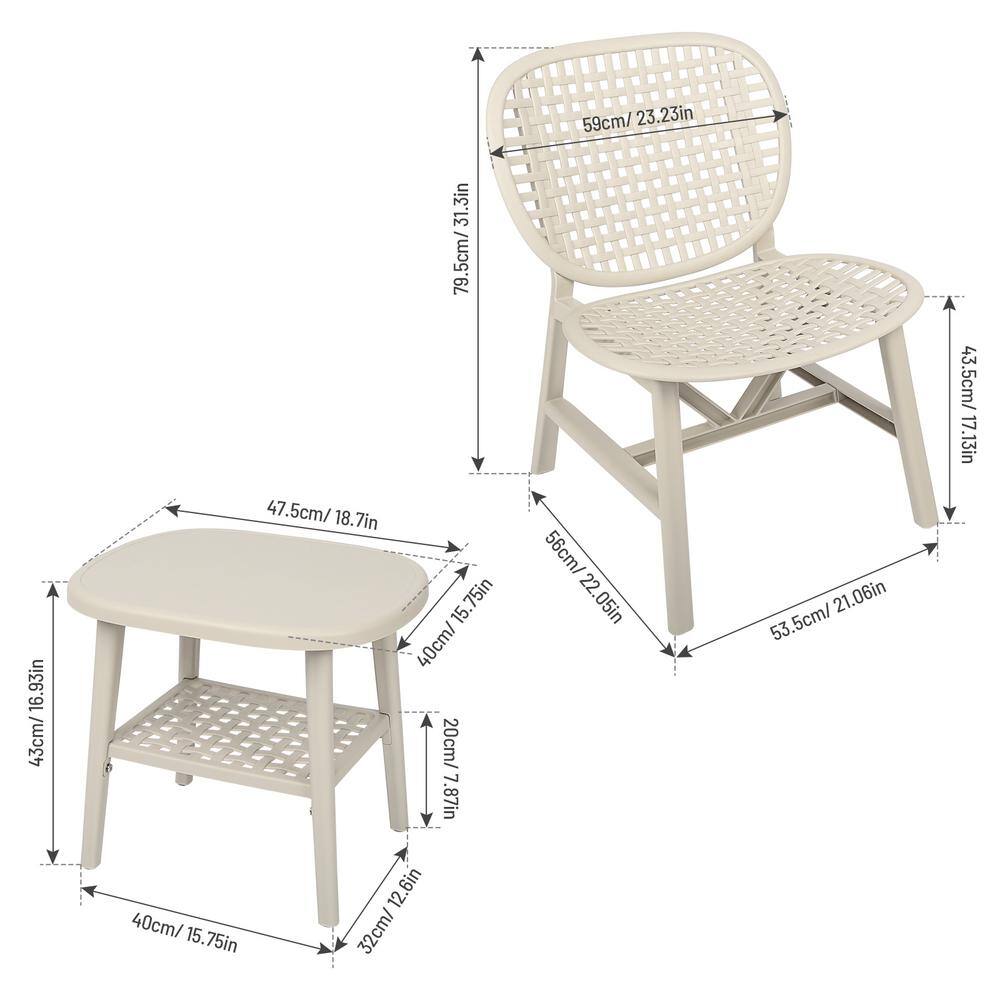 None White 3-Pieces Hollow Design Plastic Patio Conversation Bistro Set with Open Shelf and Lounge Chairs with Widened Seat