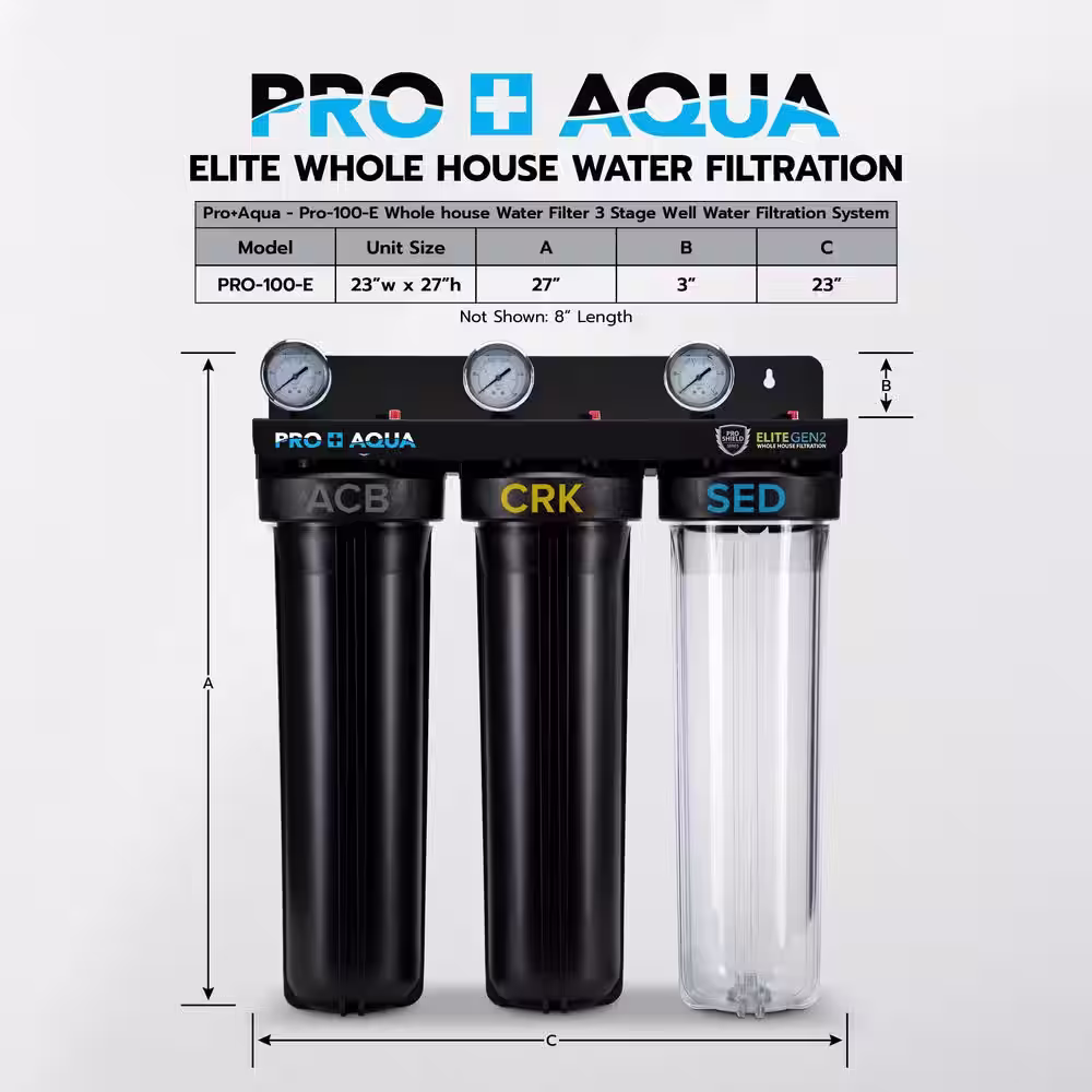 PRO+AQUA Pro Aqua ELITE Whole House Water Filter 3 Stage Well Water Filtration System with Gauges, PR Button, 1 Ports, Filter Set
