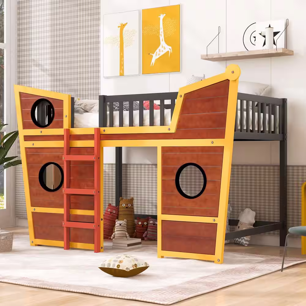None Walnut Boat-shaped Full Size Loft Bed with Ladder, Full Size Kids Wooden Loft Bed, Wood Kids Loft Bed Frame with Windows