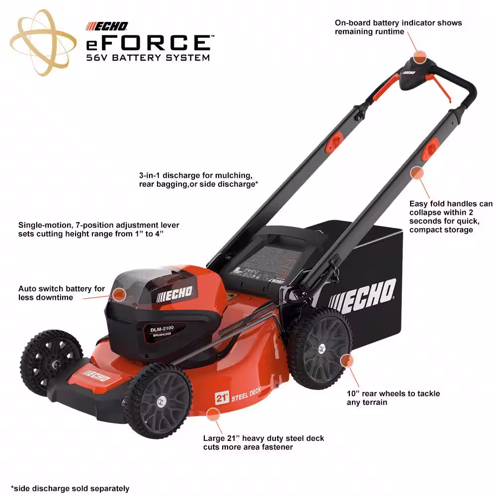 ECHO eFORCE 21 in. 56-Volt Cordless Battery Walk Behind Push Lawn Mower with 5.0 Ah Battery and Standard Charger