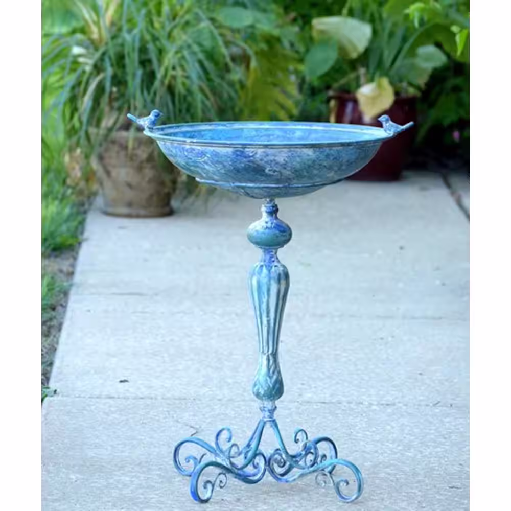 Zaer Ltd. International Iron Pedestal Birdbath with Little Bird Detail in Antique Blue