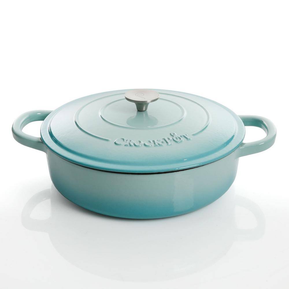 Crock-Pot Artisan 5 qt. Round Enameled Cast Iron Braiser Pan with Self Basting Lid in Aqua Blue
