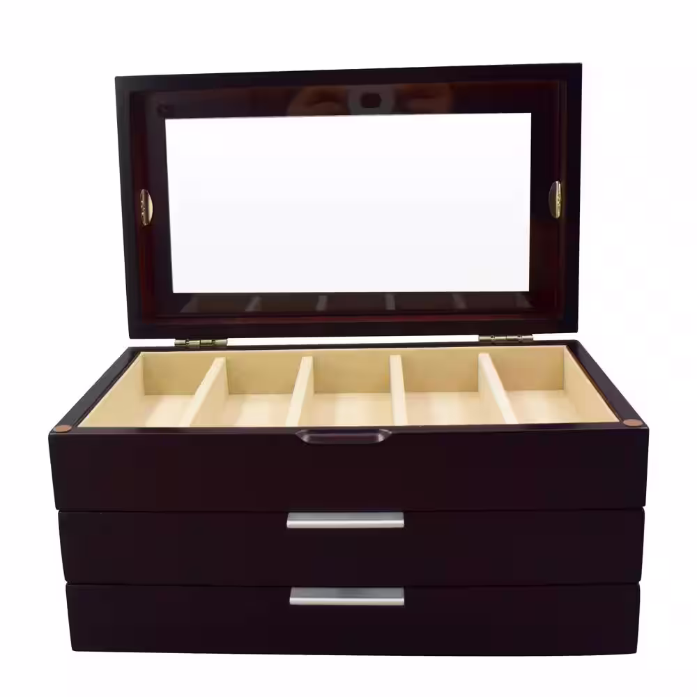 None Glass Lift Top 2-Drawer Java Watch Box