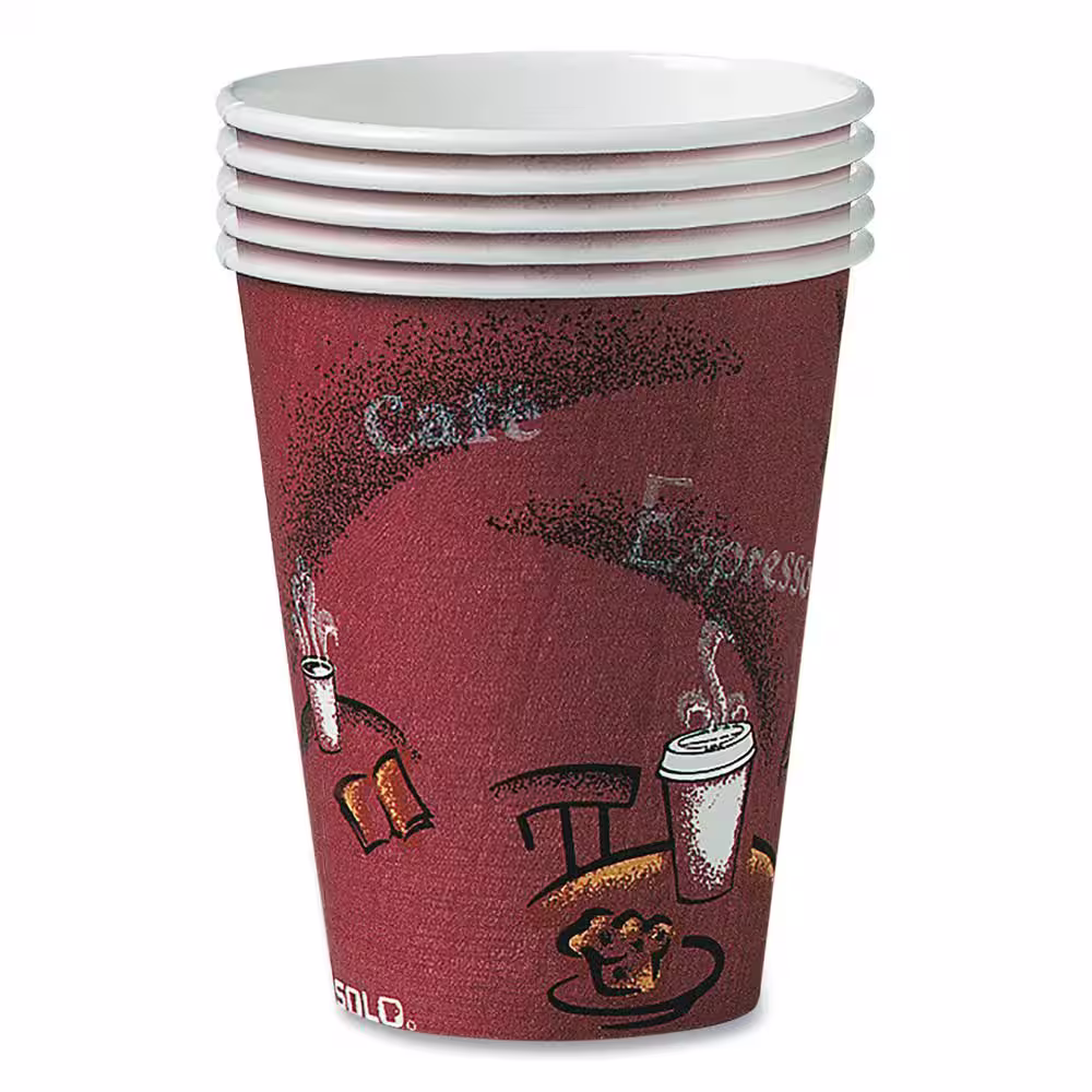 DART Solo 10 oz. Maroon Disposable Paper Cups, Hot Drinks, Bistro Design, 300/Carton
