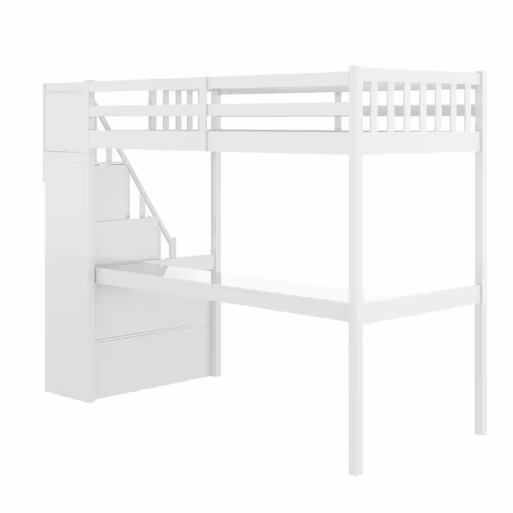 None White Twin Loft Bed with Staircase and Built-in Desk