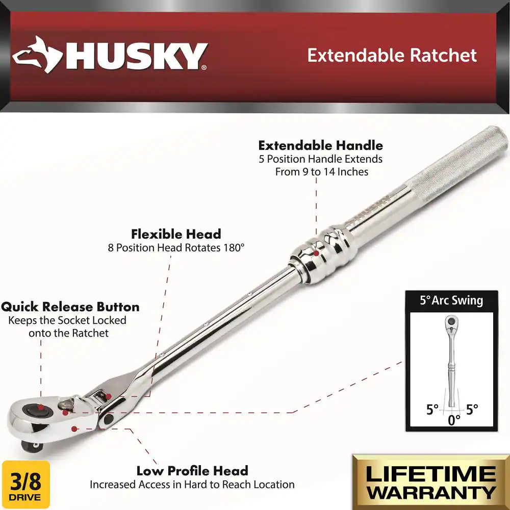 Husky 3/8 in. Flex-Head, Extendable Ratchet