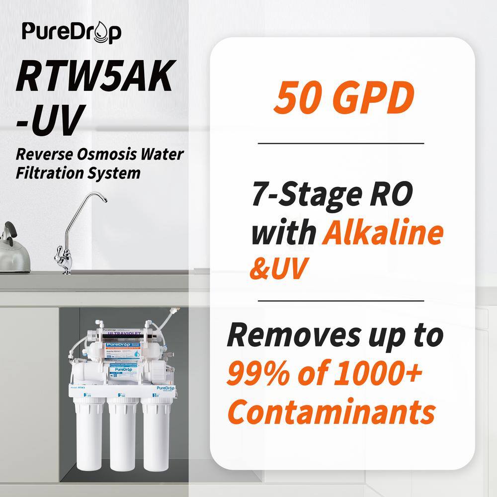 PureDrop RTW5AK-UV Reverse Osmosis RO Drinking Water Filtration System with Alkaline Remineralization and UV Filter, 7 Stage