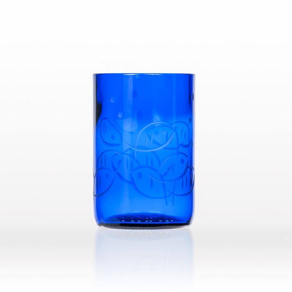 Rolf Glass Blue Fish 14 oz. Repurposed Blue Glass Tumbler (Set of 4)