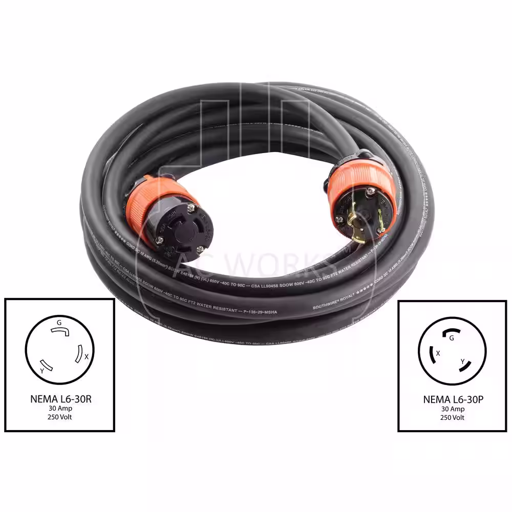 AC WORKS 50 ft. SOOW 10/3 NEMA L6-30 30 Amp 250-Volt Rubber Extension Cord