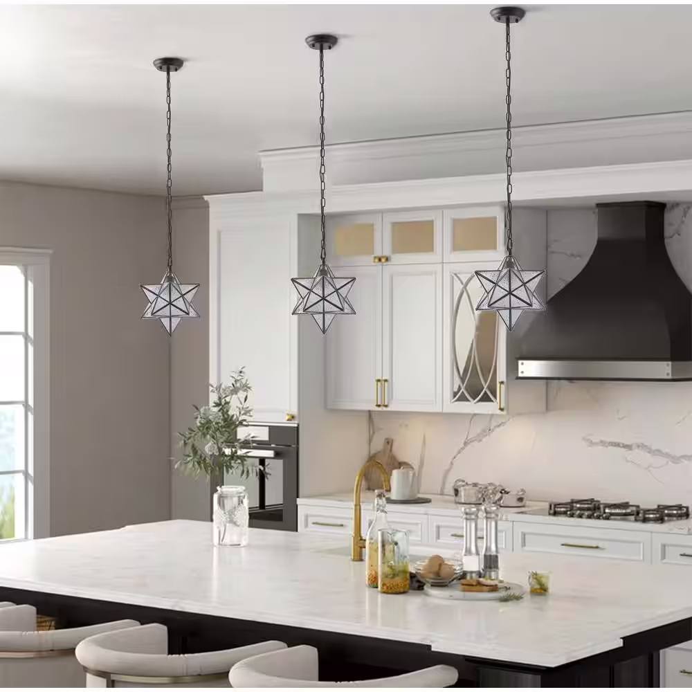 aiwen 12 in. Modern Black 1-Light Geometric Moravian Star Pendant Light Creative Design Hanging Light with Seeded Glass Shade