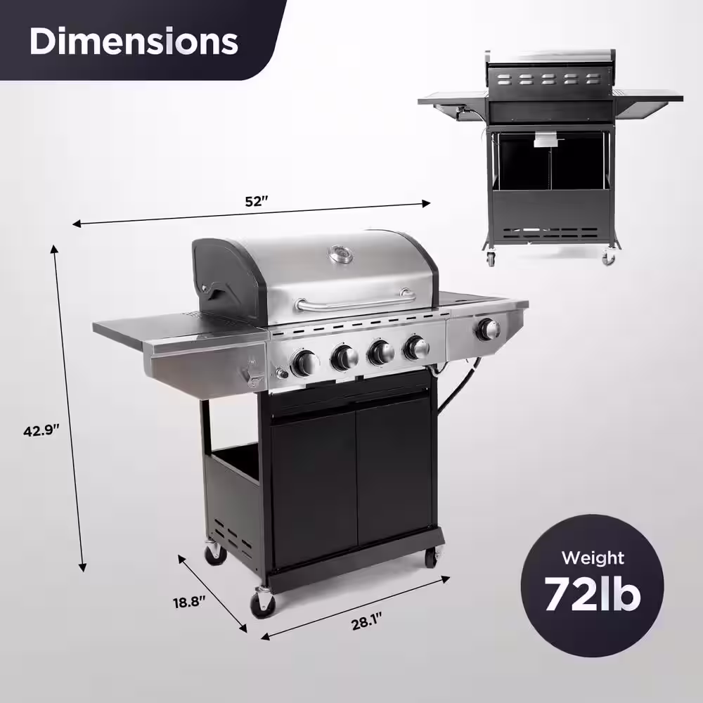 None Outdoor BBQ 4-Burner Propane Grill in Silver and Black, Stainless Steel Gas Grill with Side Burner and Thermometer