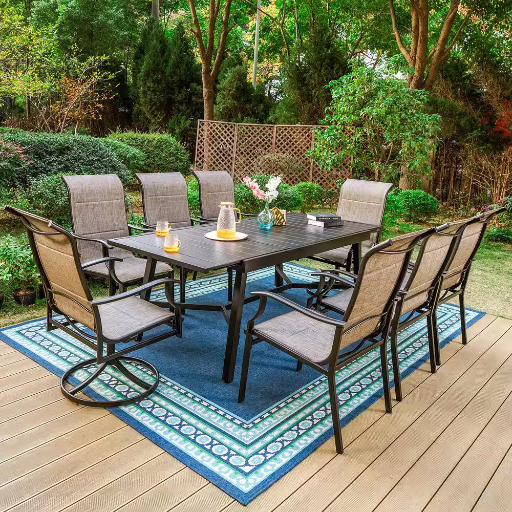 None 9-Piece Metal Patio Outdoor Dining Set Extendable Rectangle Table and Padded Textilene Chairs