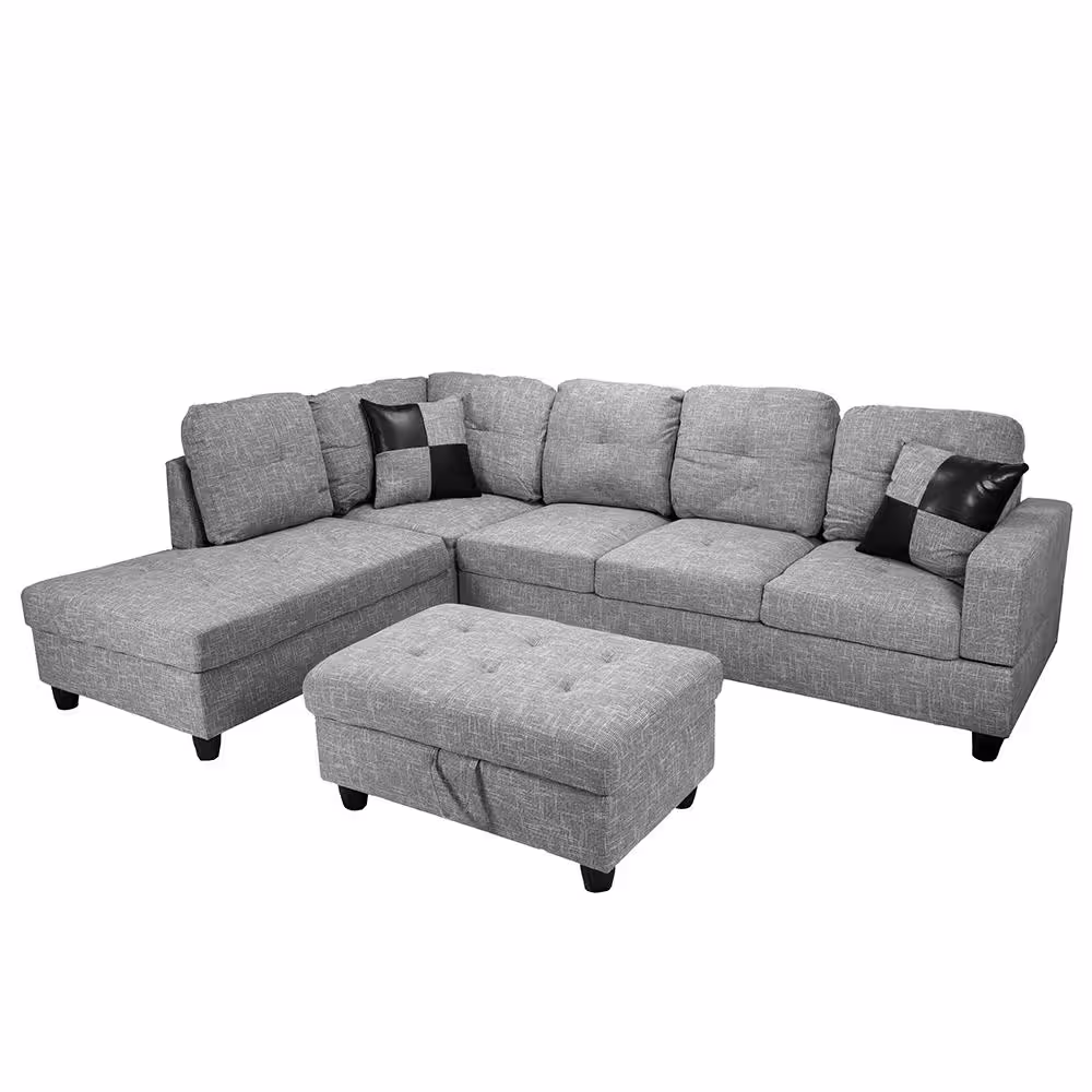 Star Home Living 3-Piece Light Gray Linen 4-Seater L-Shaped Left-Facing Chaise Sectional Sofa with Ottoman