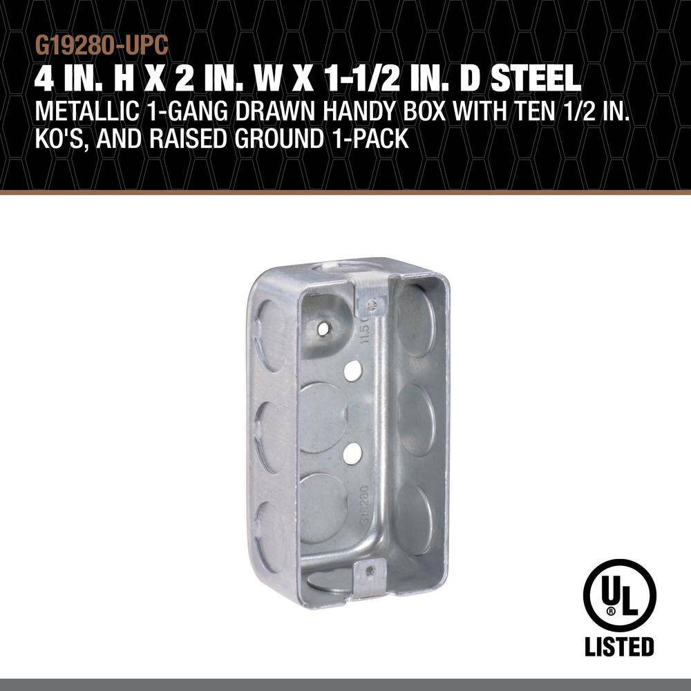 Southwire 4 in. H x 2 in. W x 1-1/2 in. D Steel Metallic 1-Gang Drawn Handy Box with Ten 1/2 in. KO's, and Raised Ground 1-Pack