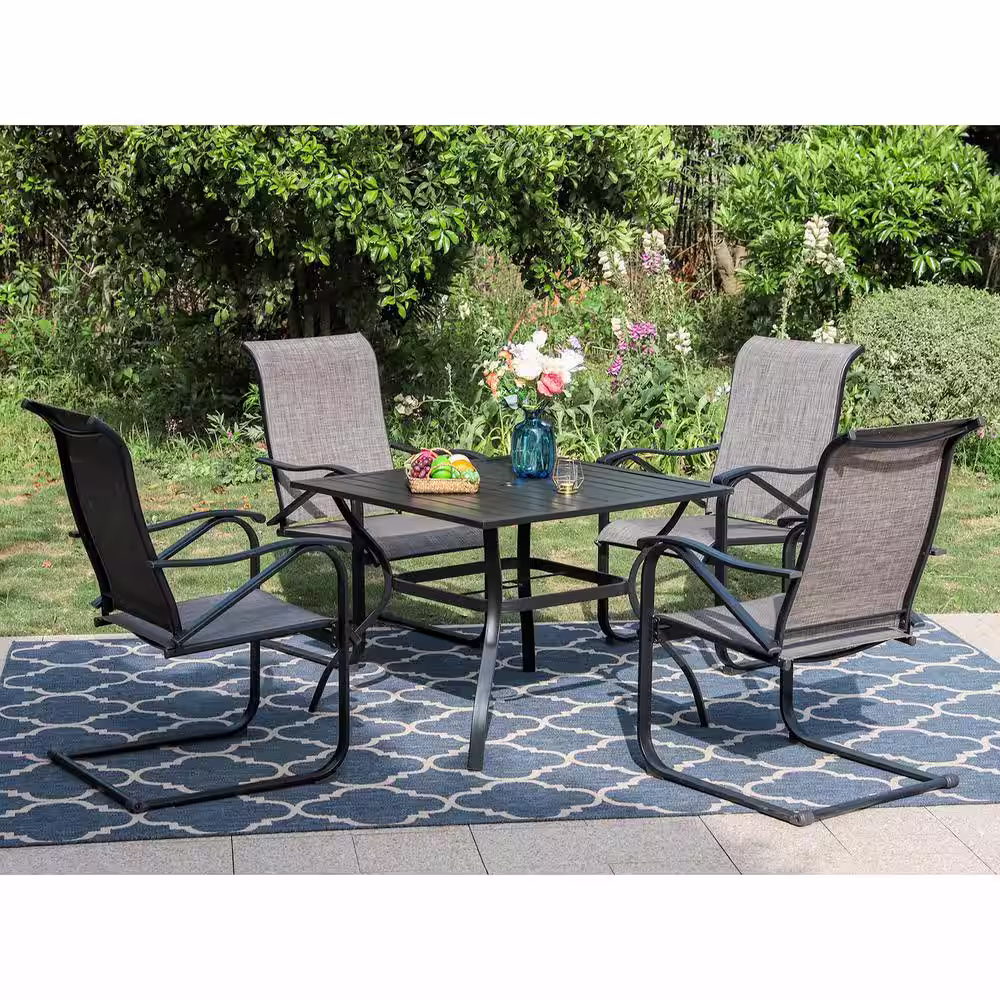 PHI VILLA Black 5-Piece Metal Patio Outdoor Dining Set with Slat Square Table and Textilene C-Spring Chairs