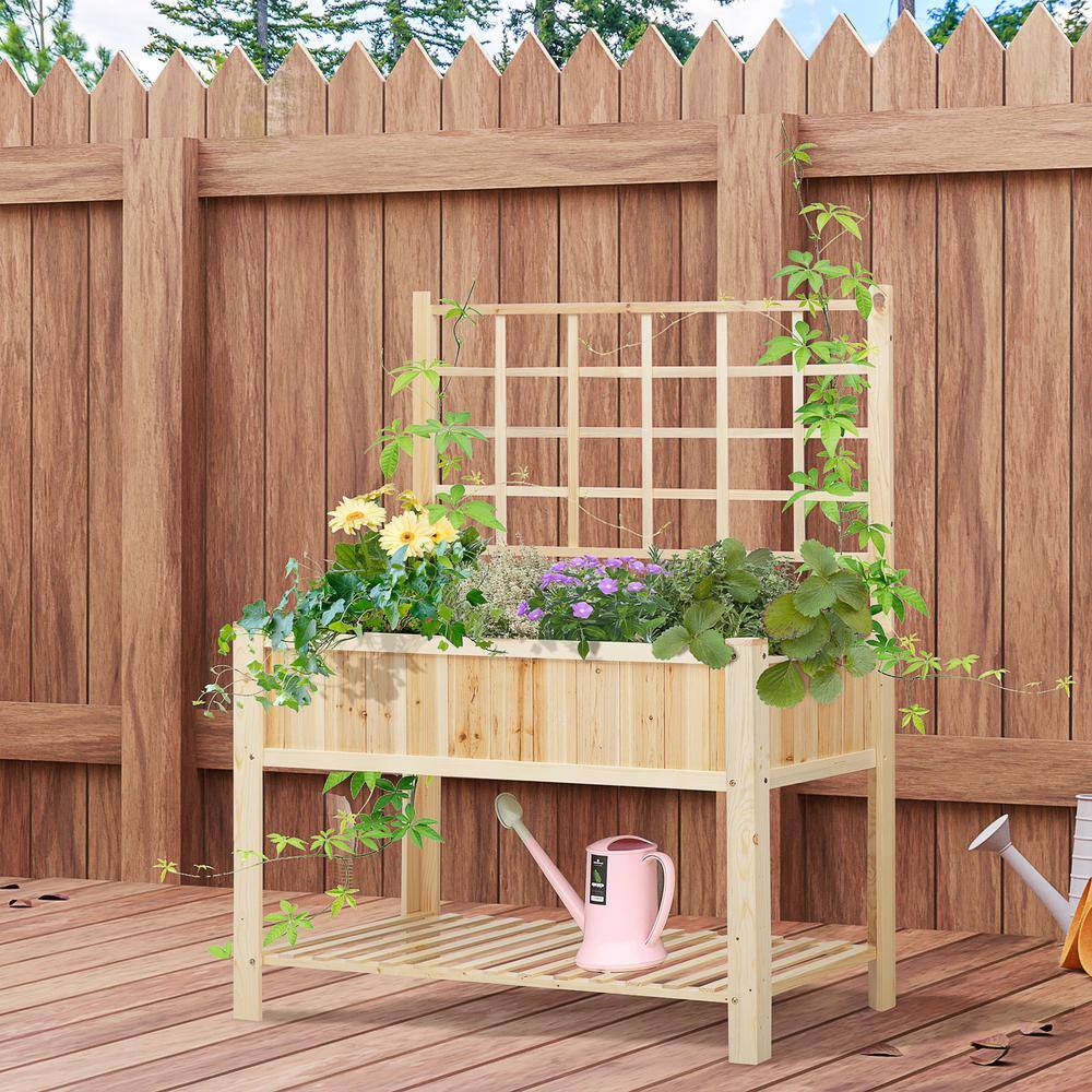 Outsunny 47 in. Natural Wooden Raised Garden Bed with Trellis Open Storage Shelf