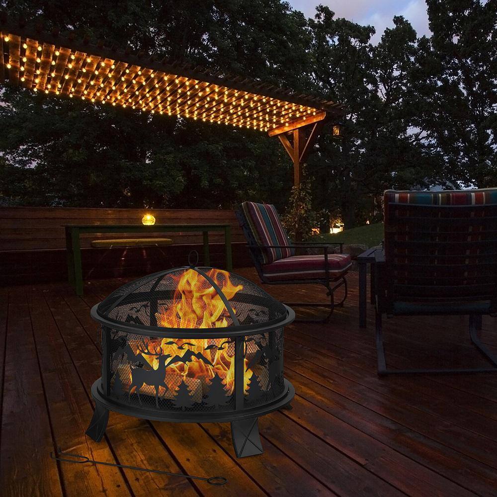 Costway 26 in. Outdoor Wood Burning Steel Fire Pit Firepit Bowl with Spark Screen, Poker