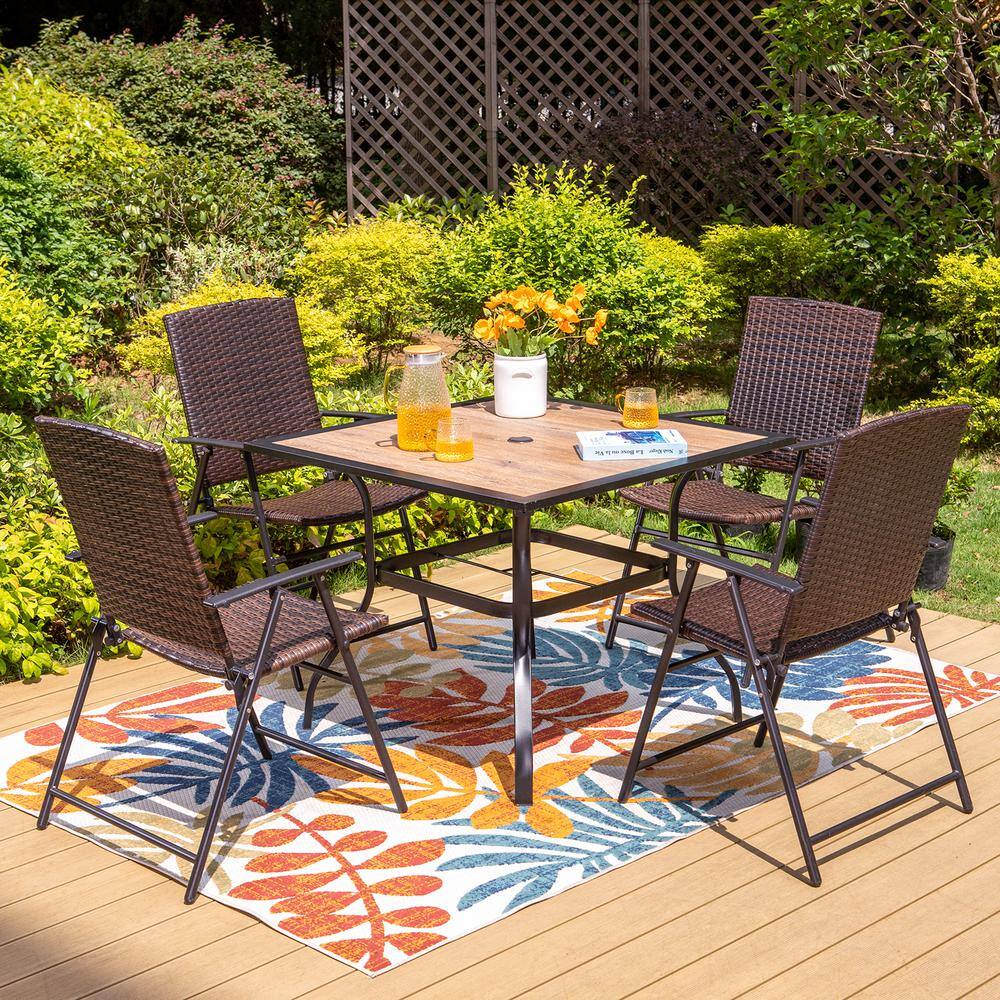 None Black 5-Piece Metal Patio Outdoor Dining Set with Wood Finish Table and Folding Reclining Rattan Chairs