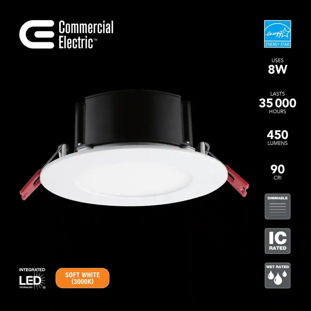 Commercial Electric 4 in. White Flush Round Wet Rated LED Integrated Recessed Lighting Kit (6-Pack)