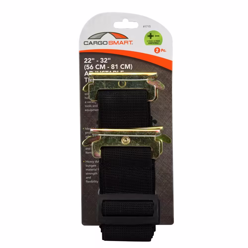 CargoSmart 22 - 32 in. Black Adjustable Track BungeeX Bungee Strap for E-Track and X-Track - 2 pack