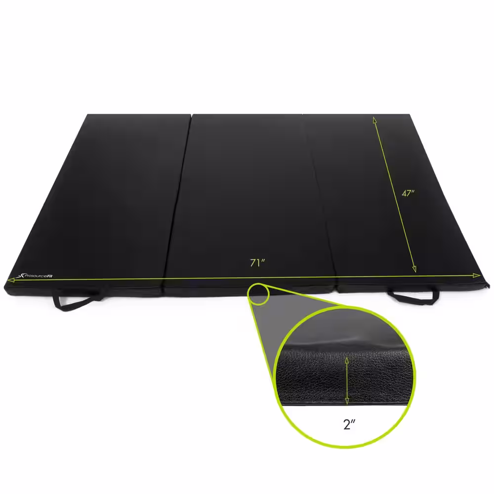 PROSOURCEFIT Tri-Fold Folding Thick Exercise Mat Black 6 ft. x 4 ft. x 2 in. Vinyl and Foam Gymnastics Mat with Carrying Handles