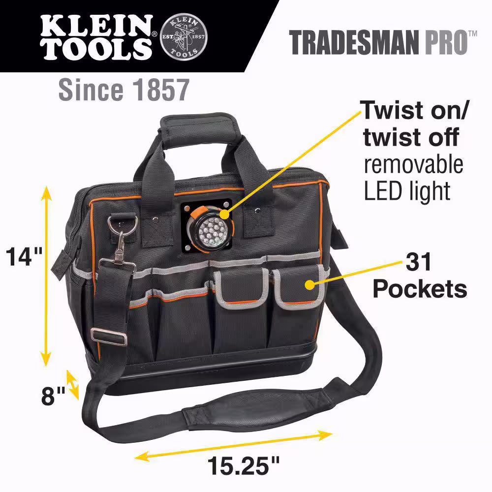 Klein Tools Tool Bag, Tradesman Pro Lighted Tool Bag, 31 Pockets, 15-Inch