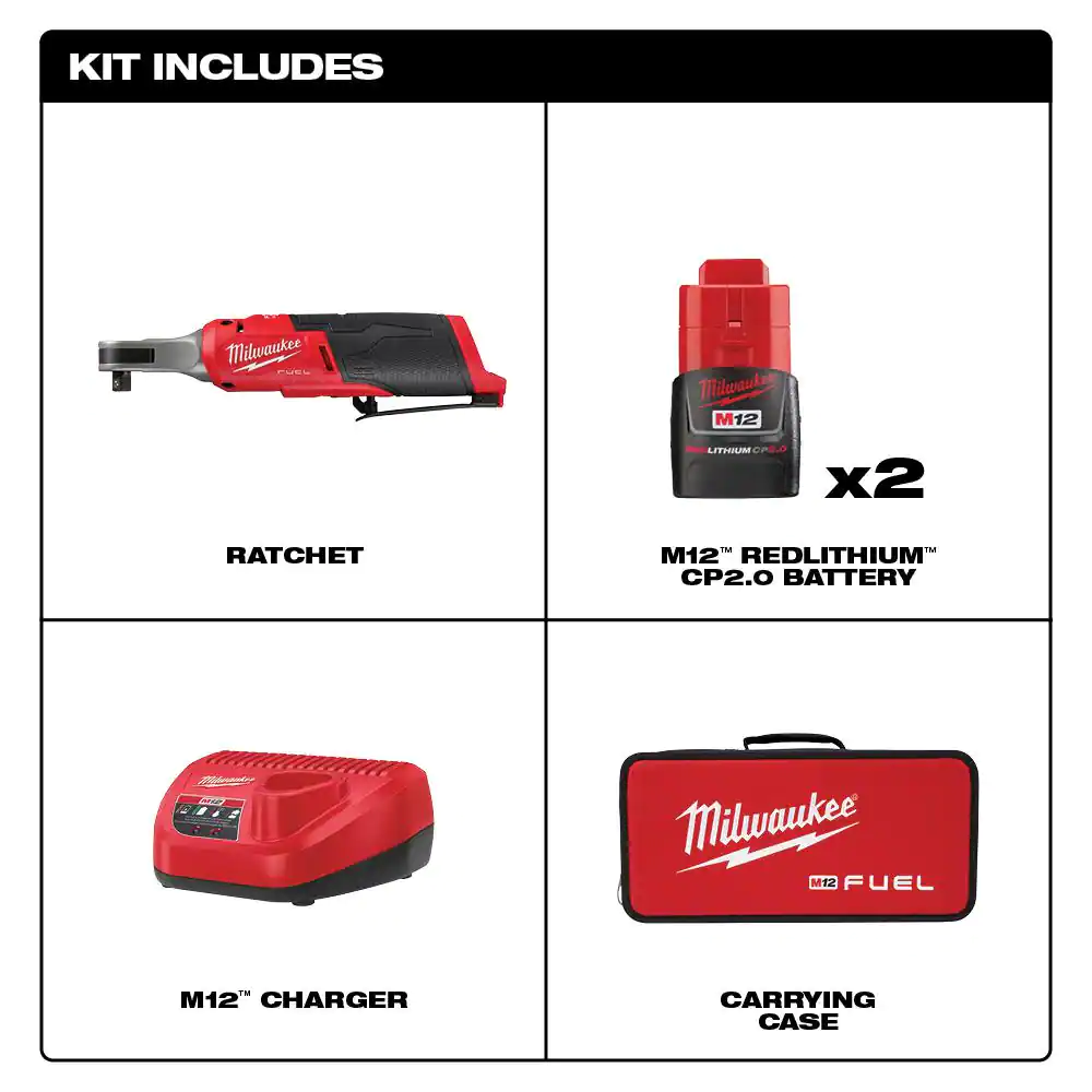 Milwaukee M12 FUEL 12V Lithium-Ion Brushless Cordless High Speed 3/8 in. Ratchet Kit w/(2) Batteries, Charger and Bag