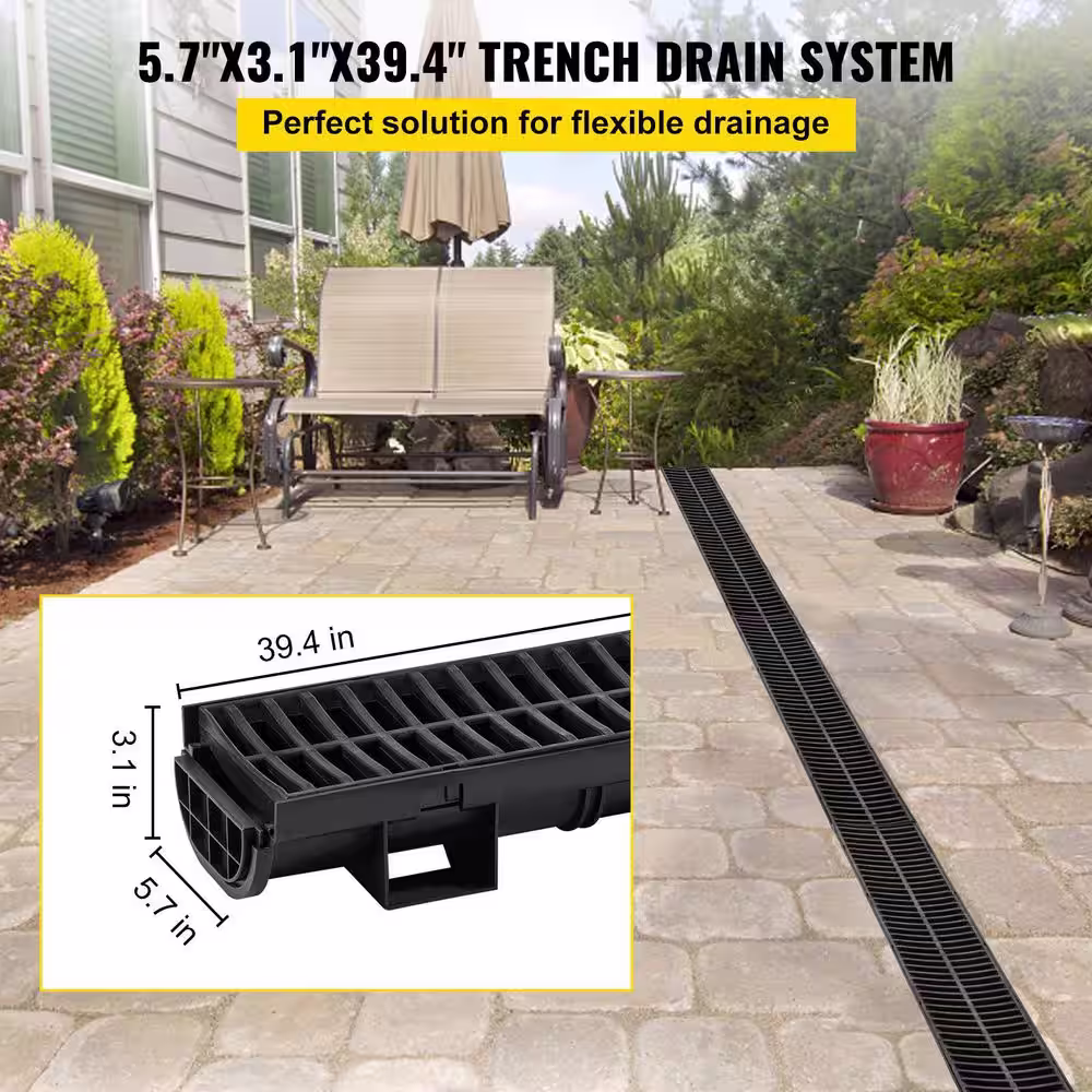 VEVOR Trench Drain System 39 in. L x 5.8 in. W x 3.1 in. D Channel Drain with Plastic Grate and End Cap Drainage Trench 6 Pack